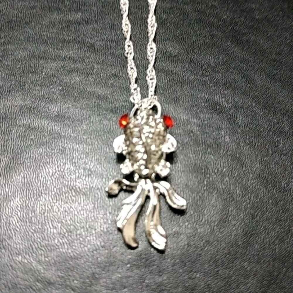 Sterling Silver Red Rhinestone Eye Articulated Tail Koi Fish Necklace 20"